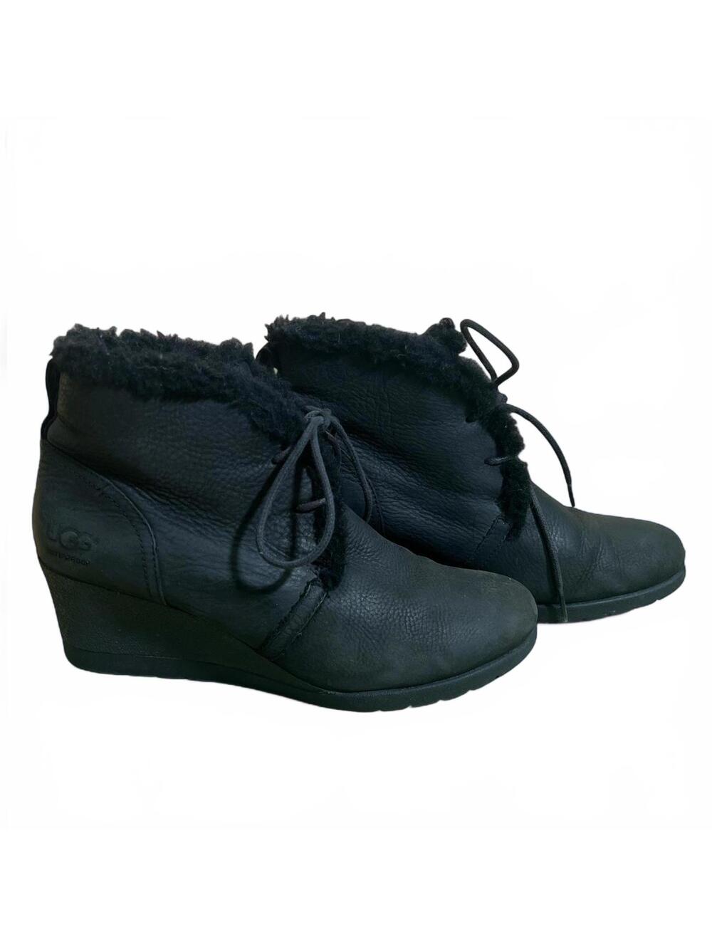 UGG Australia Jeovana Waterproof Wedge Lace Up Boots Black Suede Womens 8 EU 39